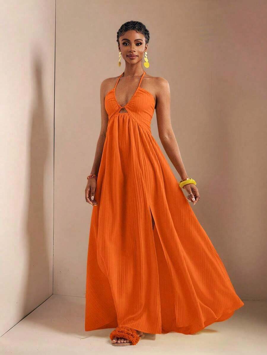 New Spring And Summer Casual Holiday Halter Neck Strapless Bust, Waist And Back A Swing Skirt With High Slit On The Front To The Thigh, Yellow Sea Stripe Women's Extra Long Dress-B Baby Blue Dress,Sun Dresses For Women - trái cam - Xem 1