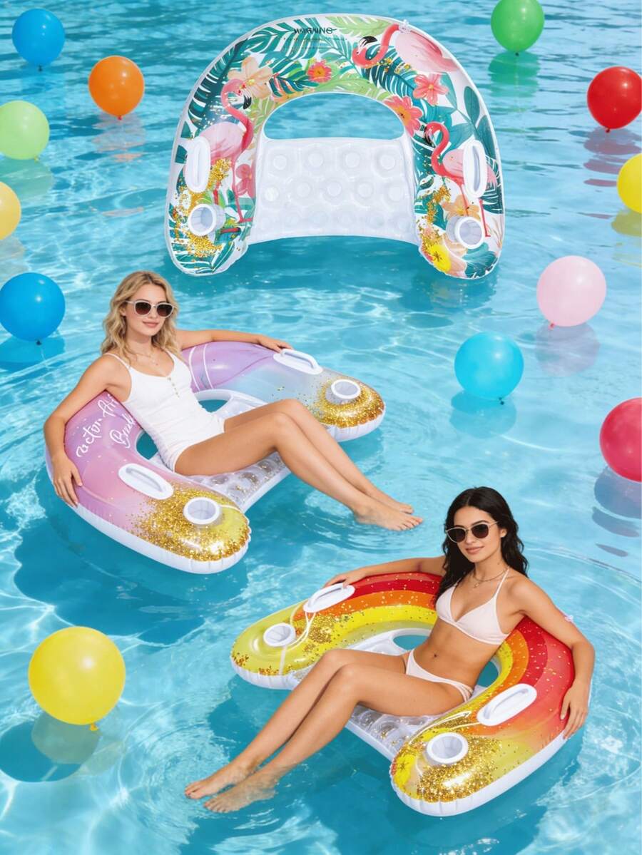 1个U型充气躺椅，火烈鸟、彩虹、水墨画、亮片元素图案，带把手和杯架，PVC材质，适用于水上、泳池、沙滩、主题派对，可作充气漂浮物、水上休息座椅，充气泵需另行购买。 - U型充氣躺椅 - 查看 1