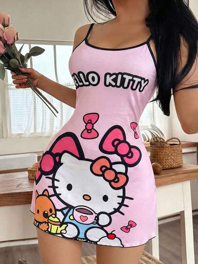 SANRIO 1 chiếc đầm Hello Kitty màu hồng, kiểu dáng đơn giản, dễ thương và thoải mái dành cho nữ.