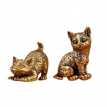 2pcs Brass Cat Decor: Cute Brass Cat Statue - No Battery Required - Ideal For Living Room And Office - Great Gift For Animal Lovers And Home Decor Enthusiasts