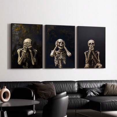 Bộ 1/3 tranh canvas hình bộ xương đen trắng hiện đại, tranh trang trí phong cách Gothic ấn tượng, trang trí nhà cửa táo bạo, nghệ thuật không gian bí ẩn, tranh treo tường hình bộ xương, trang trí tường phong cách Gothic, trang trí phòng khách táo bạo, tranh vẽ trên vải canvas, không bao gồm khung.