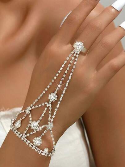 1 pieza Cadena de dedo con diamantes estilo europeo y americano, pulsera de boda, conjunto de anillo y cadena de mano de cristal de moda para mujeres