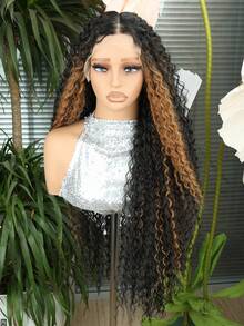 棕色挑染长卷发蕾丝前假发，适合，13*4*1 无胶蕾丝卷发假发，预先拔毛，深波浪蕾丝前假发，非洲蓬松卷曲合成蕾丝假发，32英寸 - 挑染棕色 - 查看 5