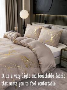 1套金属大理石纹印花床上用品套装，箔片闪光床上用品套装，灰棕色大理石纹印花床上用品套装，三件套，金色金属光泽被套，柔软超细纤维被套，男女通用，1个被套，2个枕套，不含被芯 - 駝色 - 查看 3