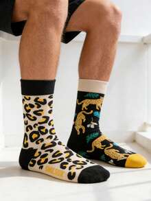 1 双男女通用豹纹图案中筒袜，适合所有季节 - 彩色 - 查看 4