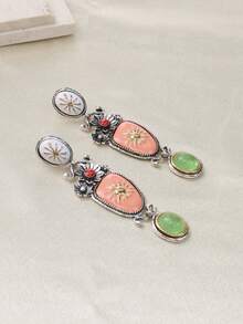 ZA Women's Multi-Layered Floral Gemstone Dangle Earrings | Antiqued Silver Tone Bohemian Easter Gift Beach Party Statement Jewelry - Flower - View 4