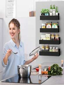 1/2pcs Magnetic Side Storage Rack, Suitable For Refrigerator And Washing Machine - No Drilling Installation, Fashionable Black Metal Surface, Wall-Mounted Spice Rack, Great For Storing Laundry Supplies - Multicolor - View 5