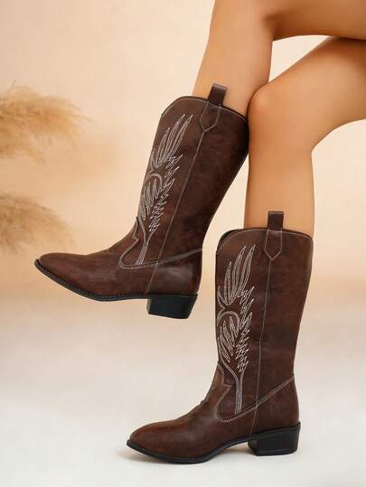 Women's New Vintage American Embroidered Leather Pointed Toe Western Boots, Coffee Brown Leather Stylish High Shaft Boots Fashion High Heel Chunky Heel Riding Boots Punk Style Chelsea Boots