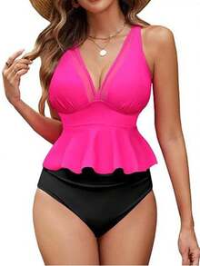 Women's Tankini Swimsuits Ruffled Hem V Neck Sleeveless Tops With Thongs 2 Pcs Set Bathing Suit - Hot Pink - View 2