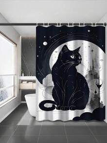 1pc Cat Moon Shower Curtain With Black Cat Silhouette, Crescent Moon, Floral And Butterfly Patterns, Mysterious Design, 70.8x70.8 Inches, With 12 Hooks - C - View 5