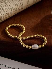 3pcs 14K Gold-Plated Bead Faux Pearl Cross Bracelet Set For Women Stylish, Delicate, Casual Adjustable Stretch Bracelet Set With Asymmetrical Pearl Cross Birthday Gift, Christian Jewelry Gift, Faith Jewelry Gift - Gold - View 8