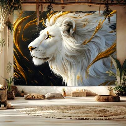 一款2D立体大狮子背景布，适合森林动物主题派对，采用结实耐用的涤纶面料制成，是卧室、客厅或宿舍装饰的理想之选。多种款式和尺寸可供选择。