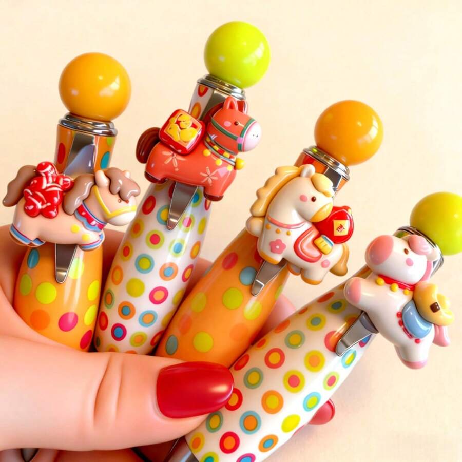 4 Pony Pendant Ballpoint Pens | Creative And Cute Pony Doll Design, Metal, Medium Point, Twistable, Year Of The Horse Stationery - Multicolor - View 1