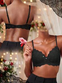 女士蕾丝性感钢圈内衣，提拉塑形，舒适贴身，节日礼物 - 黑色 - 查看 1