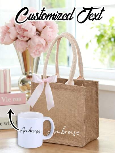 Bolsa de tela personalizada con nombre y/o taza personalizada - Personalizado - Bolsa de playa de verano, viaje, dama de honor, boda, fiesta de cumpleaños, regalo para ella, niña, boda, fiesta, regalo de familia y amigos, Día de San Valentín, temporada de bodas, recuerdos, regalos de dama de honor, bolsas de regalo de fiesta