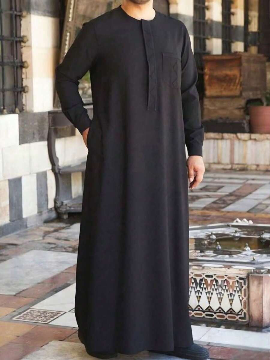 Black Middle Eastern Men's Robe With Embroidery, Elegant Casual Classic Robe, Men's Robe - Black - View 1