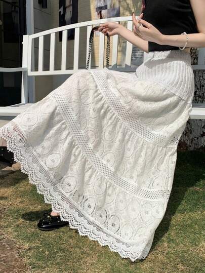 2025 Women's Summer Lace Hollow-Out A-Line Skirt, French Style Fairy Dress With Flowy Pleated Hem