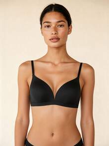 Lilivine 1 件 V 型女士舒适无钢圈软杯纯色内衣文胸、内衣 - 黑色 - 查看 1