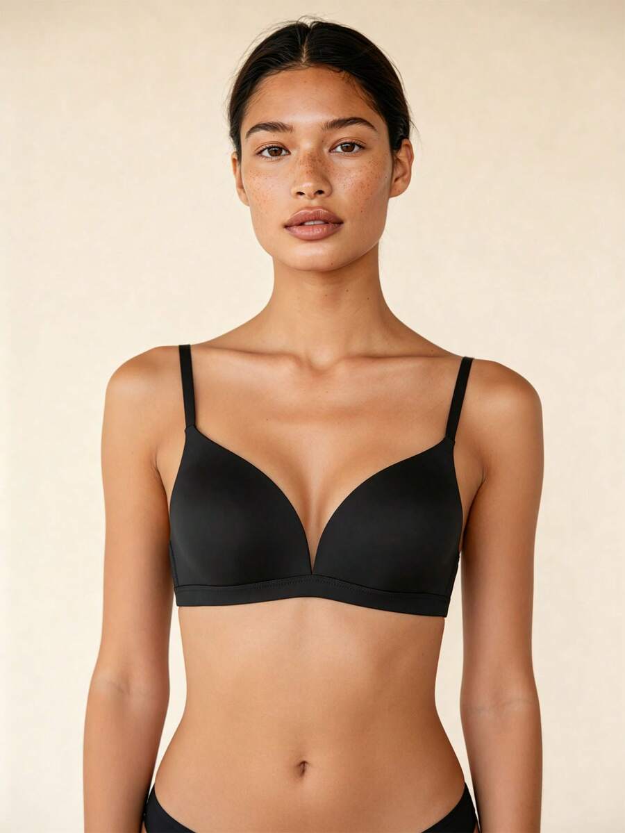 Lilivine 1 件 V 型女士舒适无钢圈软杯纯色内衣文胸、内衣 - 黑色 - 查看 1