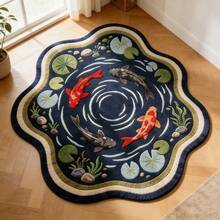 1pc Deep Blue Two Goldfish & Lotus Leaf Design Living Room Floor Mat, Bedroom Decor, Home Casual Carpet, Decorative Rug, Washable - Multicolor - View 5