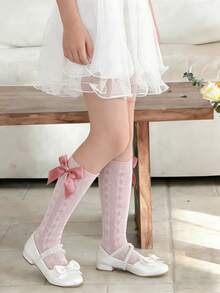 1/2 Pairs Girls Bowknot Mid-Calf Socks, Spring/Summer Breathable Mesh Versatile Girls Socks, Sweet Style, Suitable For Daily Wear - Multicolor - View 6