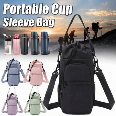 Portable Water Bottle Bag With Adjustable Strap Thermal Mugs Insulated Protective Cover Phone Pocket Outdoor Sports Travel Bag