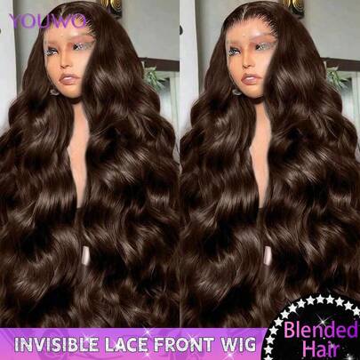 200% 密度 13x4 波浪卷蕾丝前假发，预拔发际线，13*4 透明蕾丝前混纺真人发假发，蕾丝前巴西真人混纺假发，带婴儿绒毛，漂白发结，巧克力棕色，女士款