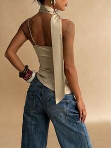 WOWDARK 女士夏季上衣，纯色，时尚性感高领，不对称下摆，缎面吊带休闲衬衫，适合派对、夜生活、情人节、度假、海滩等场合。 - 香檳色 - 查看 12