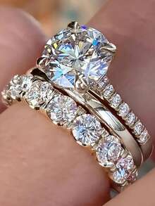 3件套奢华优雅金合金订婚戒指套装，婚礼派对珠宝礼物，适合周年纪念日、情人节、生日等场合 - 金色 - 查看 4