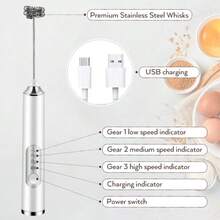 Rechargeable Electric Milk Frother, 3-Speed Handheld Coffee Mixer With 2 Whisks & Stand, Portable Foam Wand For Latte Cappuccino, Home Office Barista Gift - White - White - View 8