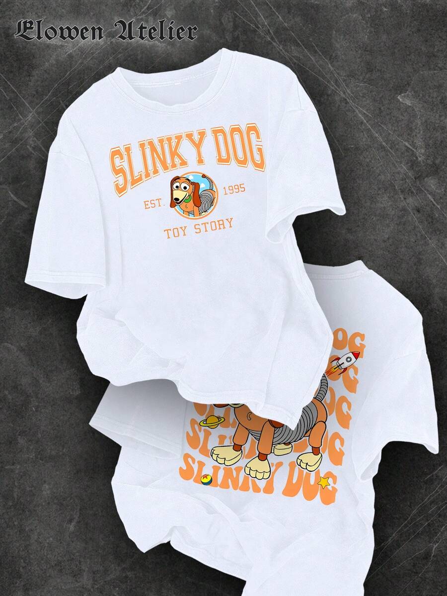 Disney Official Authorization, Women's Casual Cotton Slinky Dog Toy Story Graphic Short Sleeve T-Shirt With Round Neck, Regular Fit Top, Regular Fit Top For Everyday Wear, Short Sleeve Round Neck Cotton T-Shirt, Regular Fit Top For Everyday Style. The Fabric Is Soft, Comfortable And Breathable, Suitable For Daily Wear, Shopping, Travel, Round Neck Casual And Comfortable T-Shirt, Breathable And Light, Suitable For Sports And Leisure Wear, Suitable For Gifts, Suitable For Parties. - White - View 1