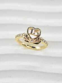 1枚时尚优雅女士铜戒指，刻有数字15，心形设计，镶嵌合成锆石，适合日常佩戴、派对、宴会、生日及成人礼物。 - 金色 - 查看 3