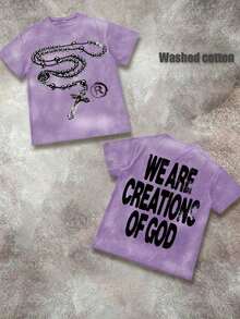 Unisex "We Are Creations Of God" Graphic T-Shirt, Double-Sided Rosary Cross Print 220G Cotton Y2K Streetwear Tee Y2K Dark Aesthetic Tee Breathable & Comfortable Cotton - 水洗紫 - 查看 12