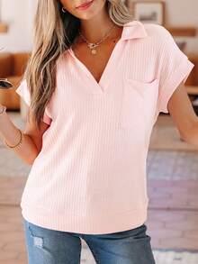 Acelitt Cute Light Pink High Collar Pocket Striped Casual Short Sleeve T-Shirt, Summer - Pink - View 5