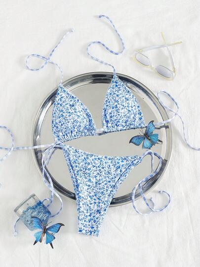 Summer Beach Vacation Valentine's Day New Soft Ditsy Floral Mesh Strap Flower Decor Elegant Bikini Set, Fashionable Summer Beach Swimwear For Women