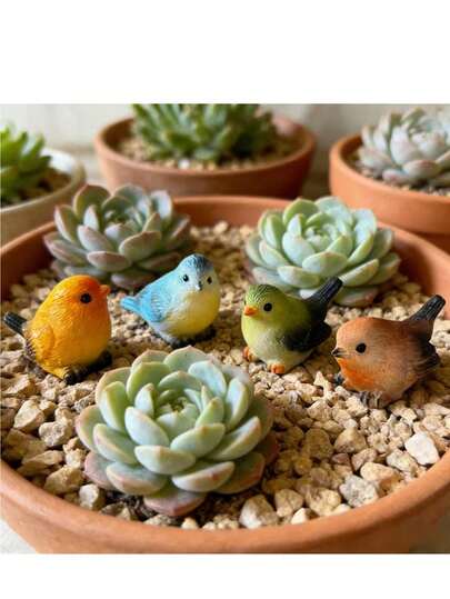 4个/套彩色麻雀花园盆栽装饰，树脂材质，小巧轻便，可装饰盆栽表面，营造“自然”氛围，适用于盆景、瓶子等，适合阳台、桌面、花园花坛等各种园艺空间，是完美的礼物之选。