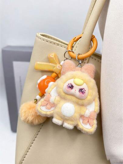 1pc 3D Flocked New Three-Year-Old Doll Accessory, Cute Cartoon Pom-Pom Keychain Bag Charm, Live Streaming Decor