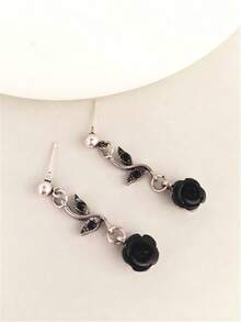 1 Pair Black Rose Flower & Leaf Design Earrings, Suitable For Women's Daily Wear - Black - View 2