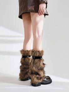1双毛绒链条复古性感腿套，Y2K仿毛皮腿套，棕色，学院风，秋冬款 - 棕色 - 查看 3