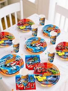 Juego de 10 piezas/Set de decoraciones para fiesta de cumpleaños con tema de autos, juego de vajilla desechable con patrón de autos de carreras que incluye platos, vasos, servilletas, adecuado para fiestas de cumpleaños con tema de carreras para niños - A - Ver 3