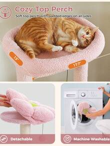 PAWZ Road 59" Cat Tree, Tall Cat Tree For Large Cat, Multi-Level Cat Tower With 3 Removable Pompom Sticks, Cat Tree For Indoor Cats, Cat Condo With Large Hammock, Scratching Post, And 2 Perches, Pink - Hồng - Xem 8