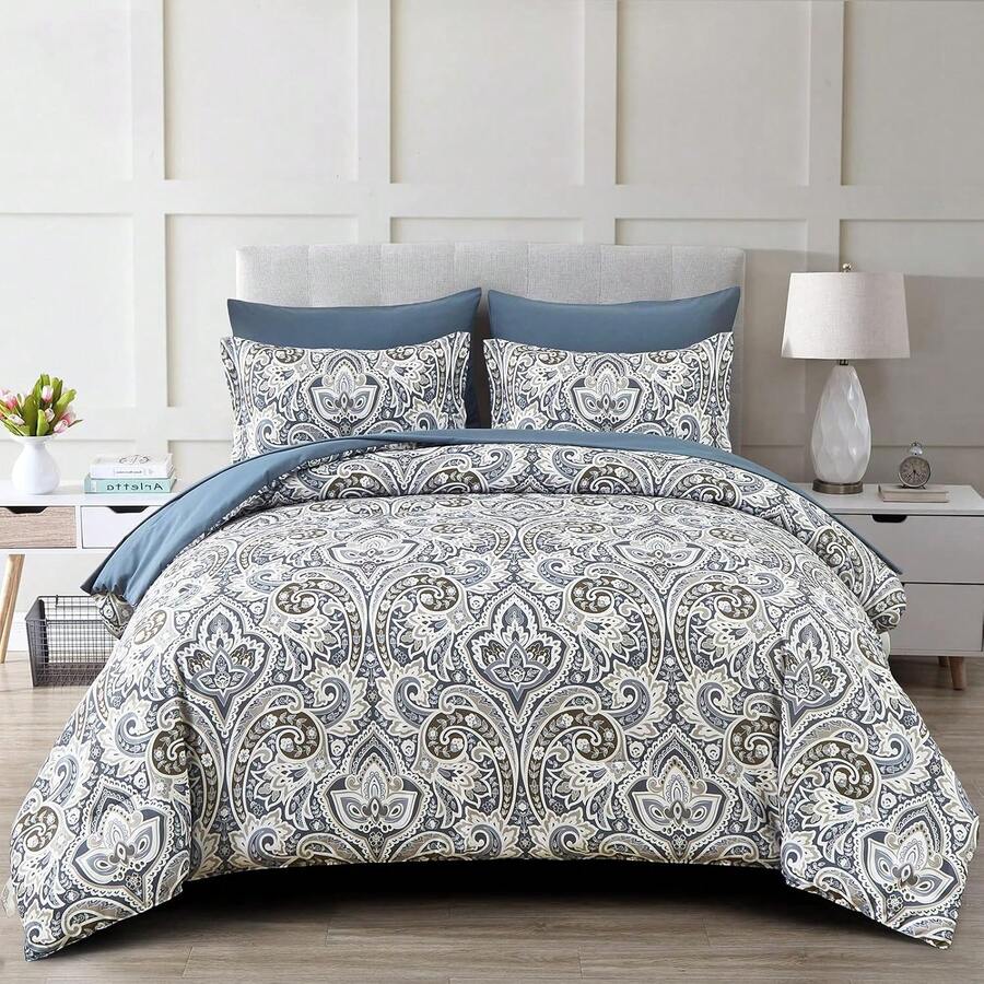 7 Pieces Paisley Comforter Set Queen King Bed In A Bag Comforter, Blue Boho Paisley Pattern Bedding Soft Microfiber Queen Size Comforter With Sheet & Pillowcase,Wedding Items,Valentines Day Home Bed Room Decor,Mothers Day Gift,All Season