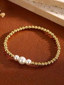 3pcs 14K Gold-Plated Bead Faux Pearl Cross Bracelet Set For Women Stylish, Delicate, Casual Adjustable Stretch Bracelet Set With Asymmetrical Pearl Cross Birthday Gift, Christian Jewelry Gift, Faith Jewelry Gift - Gold - View 5