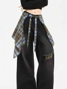 1pc Women's Dual-Tone Plaid Jumpsuit, Fashion Versatile Denim Pants With Waist Cincher, Drawstring Waistband, Suitable For Daily Wear - A - View 3