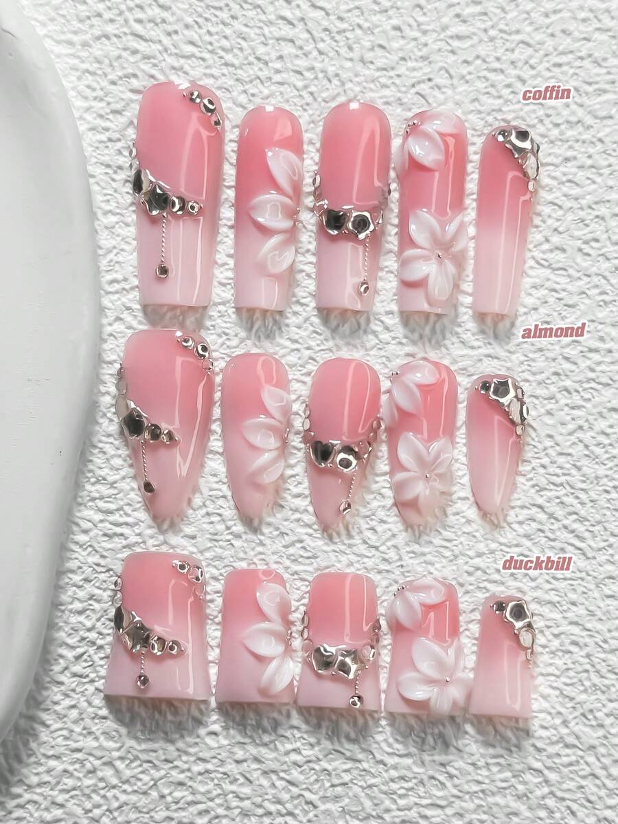 10件套童话主题美甲凝胶套装，亚克力美甲贴片，手工制作的5瓣3D山茶花、银色爱心、五角星、珠饰装饰，粉色指甲油，适合日常、派对、婚礼、春夏等场合，包含美甲工具（1个果冻贴片+1个指甲锉），三种形状可选：杏仁形、鸭嘴形、棺材形 - 彩色 - 查看 1