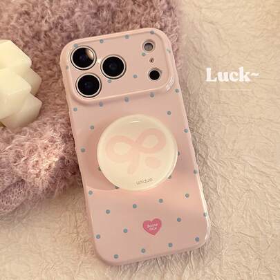1pc Guava Pink Heart + Blue Polka Dot + Pink Round Bow Phone Case With Stand, Suitable For IPhone 17/16 Pro Max, Korean Style Polka Dot, Minimalist Design, Niche, Style