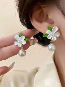 1对清新白色栀子花耳环，法式优雅仿珍珠吊坠耳环，女士款 - 白色 - 查看 4