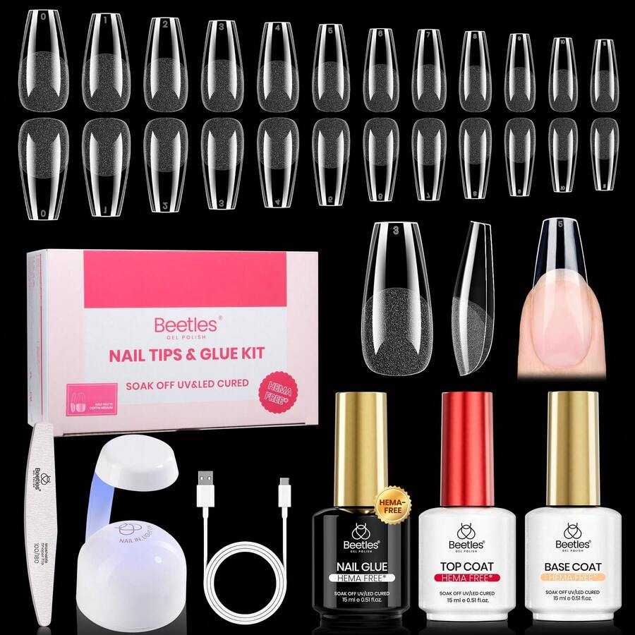 Beetles Etch-X PRO Nail Extension Gel Kit, Mini UV Lamp Included, DIY Salon Long Lasting Nails At Home - 288 chiếc, 12 kích cỡ, hình quan tài cỡ trung bình - Xem 1