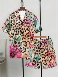 Two-Piece Watercolor Leopard Print Woven Fabric Casual Men's Surf Camp Summer Sports Leisure Pink-Green-Yellow Color Block Casual Vacation Men's Cuban Collar Shirt And Beach Shorts Set - Multicolor - View 2