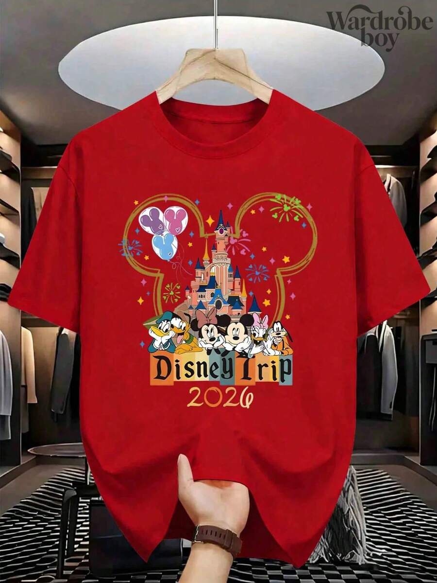 Disney Printed T-Shirt,  Disneyland T-Shirt, Disney Family Vacation T-Shirt, Unisex,High-Quality Pure Cotton T-Shirt,Suitable For All Seasons, Comfortable And Breathable| Exquisite Design | The Best Choice For Giving Gifts - Đỏ - Xem 1